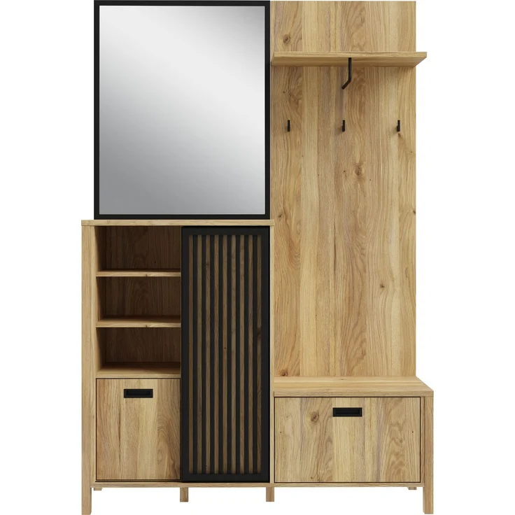 Forte JYTANA Garderobe 130, skandinavische Garderobe mit Spiegel, Kleiderstange und Aufbewahrung, Holzwerkstoff, Mauvella Eiche Holzdekor / Schwarz, 132 cm breit x 200,3 cm hoch x 40,2 cm tief – Bild 2