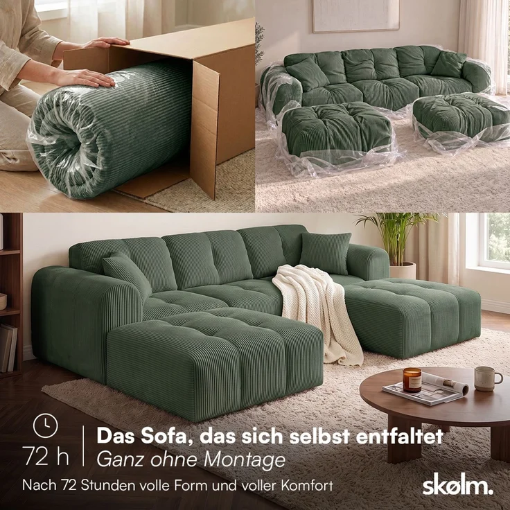 skølm 'Vanaheim' Sofa 3 Sitzer mit 2 Hocker & 2 Kissen, Cloud Sofa dunkelgrün, Cord, Vollschaumcouch mit Federkern und Vakuum-Kompression, kein Aufbau erforderlich – Bild 3