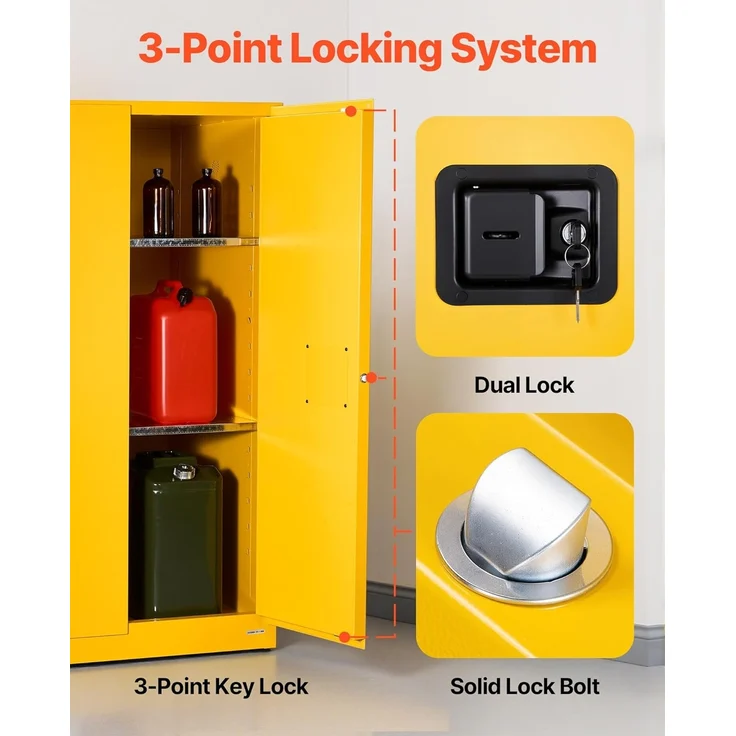 VEVOR Feuerlöschschrank feuerlöschfähiger brennbarer Lagerschrank (246 L) mit verstellbarem Regal, Feuerlöschschränke aus kaltgewalztem und verzinktem Stahl, Gelb Schutzschrank Gefahrstoffschrank – Bild 6