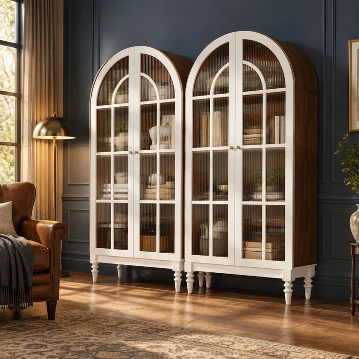 Vitrinenschrank 76 x 38,5 x 165 cm in Weiß mit Bogenfront und Riffelglastüren – Bild 3
