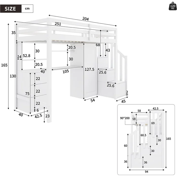 Merax Hochbett Etagenbett 90*200cm Kinderbett mit Schreibtisch und Kleiderschrank, Treppe, multifunktionales Kinderetagenbett, ausgestattet mit Schubladen und Treppenschrank, weiß – Bild 4