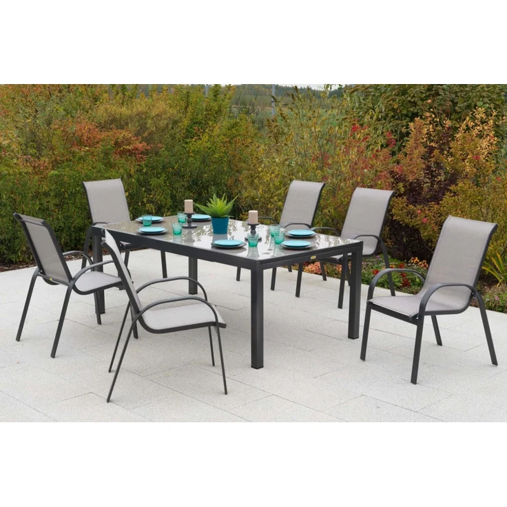 Amalfi Gartenmöbel Set 7tlg, 6 Stapelsessel, Semi Ausziehtisch 200 (300) x 110 cm, graphit/diamant, Aluminium/Textil – Bild 3