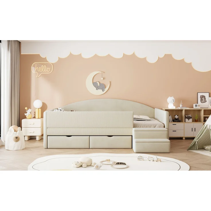 EINHOM Polsterbett Sofabett 90 x 190 cm mit Stauraum, Kinderbett Multifunktionsbett, mit Zwei Schubladen und Zäunen, mit Stufen, Hautfreundlicher Samtstoff, Beige (Ohne Matratze) – Bild 5