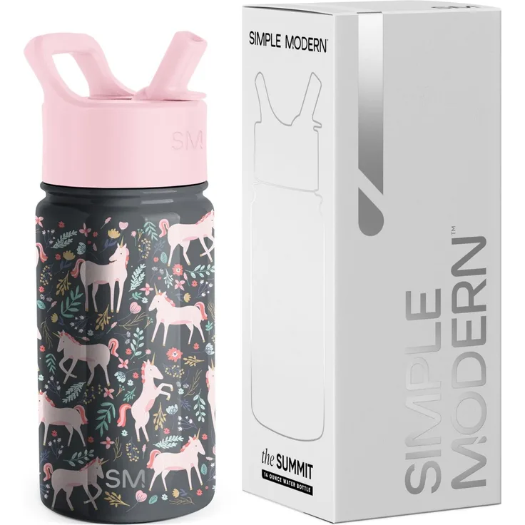 Simple Modern Trinkflasche Kinder mit Strohhalm | Sport Isolierte Edelstahl-Kindertrinkflasche für Kleinkinder Jungen und Mädchen | Summit | 415ml | Unicorn Fields