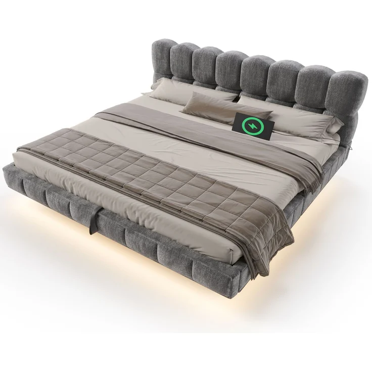 EINHOM Bett Polsterbett Doppelbett Jugendbett in Schwebeoptik, Bubble Design Wolkenbett, Hydraulischer Stauraum, LED, Ladeanschluss (USB & Typ-C), Chenille, 180 x 200 cm, Grau, (Ohne Matratze) – Bild 6