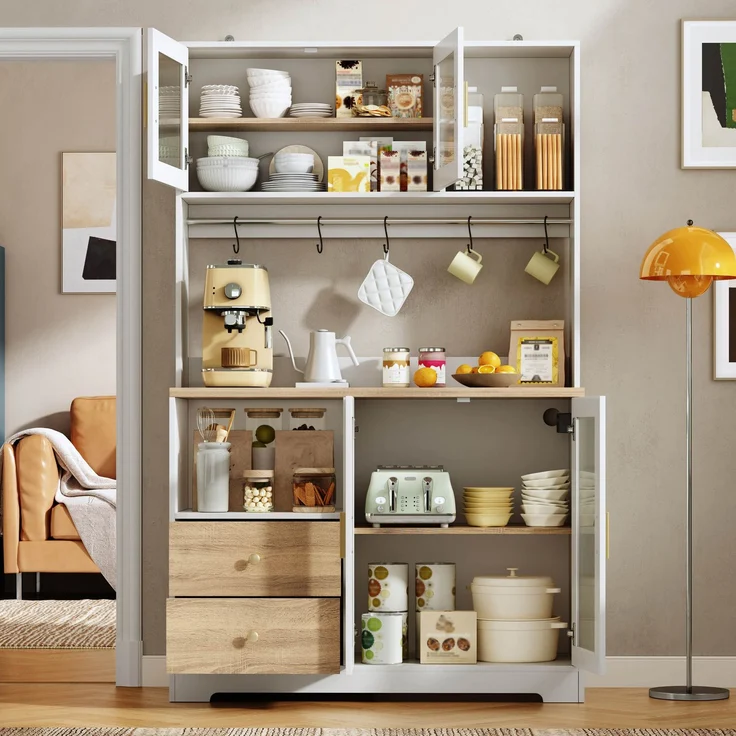 178 cm Küchenschrank, Hochschrank mit LED, Küchenregal mit Steckdose, Vitrine mit Türen aus gehärtetem Glas, Weinregal, Weiß mit Holzoptik verstärkter Arbeitsplatte--Natur + Weiß--110x40x178cm--YOUDENOVA – Bild 10
