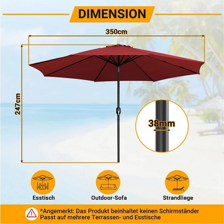 Clanmacy Sonnenschirm Sonnenschirm Ø350 cm Balkonschirm Gartenschirm UV50+ ohne Knick Rot, LxB: 350x350 cm, Stabiler knickbar/für Garten, Balkon, Terasse/Sonnenschutz – Bild 1