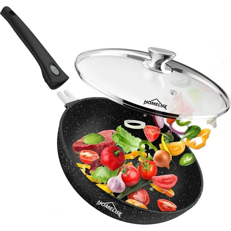 HOMELUX Bratpfanne Wokpfanne 28/30/32cm Pfanne Induktion mit Glasdeckel Abnehmbarer Griff, Aluminium (Antihaft, alle Herdarten)