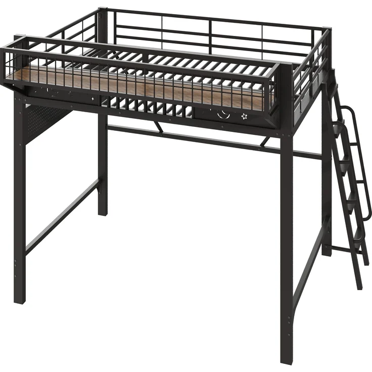 Hochbett, 140 x 200 cm, Metallbettgestell, Staufächer, offene untere Ebene, Ohne Matratze, Schwarz – Bild 8