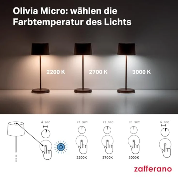 Zafferano, Olivia Micro Lampe, Kabellose, Wiederaufladbare Tischlampe mit Touch Control, Auch für den Außenbereich Geeignet, Dimmer, 2200-3000 K, Höhe 20 cm, Farbe Dunkelgrau – Bild 7