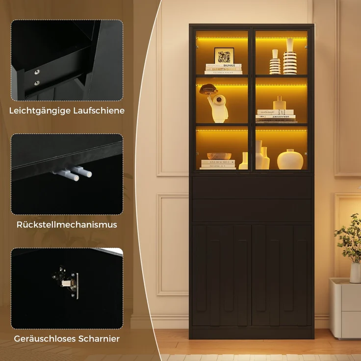 ZUBALIYA Hochschrank mit Glasschranktüren / Hochschrank Glasvitrine mit LED, mit küche und arbeitszimmer, 70 x 34 x 180 cm LED Display Vitrine Mit 2 Schubladen, Schwarz, fürs Wohnzimmer – Bild 25