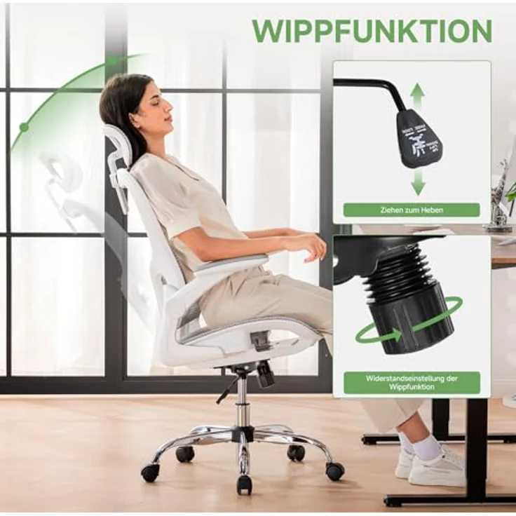 GTPLAYER Bürostuhl Ergonomisch, Schreibtischstuhl mit Verstellbarer Kopfstütze, Armlehnen, Lendenwirbelstütze, Büro Stuhl & Gaming Stuhl Wippfunktion, Chefsessel aus Mesh, 150kg(Weiß) – Bild 7