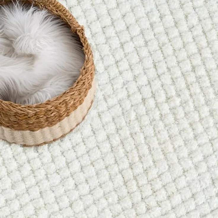 Teppich Rund - 200x200cm - Hochflor - Boho - Pastell Creme Grau - Einfarbig - Modern Raute Muster- Skandinavisch Flauschig Weich - Schlafzimmer Dekoration – Bild 3
