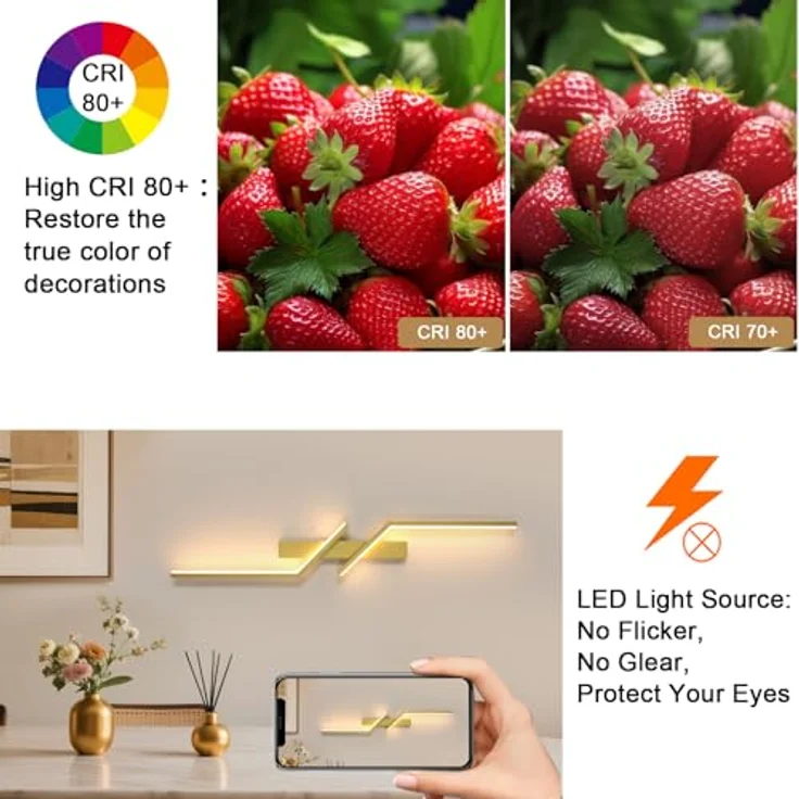 Goeco LED Wandlampe Innen 81CM, 24 W 2700LM Moderne LED Wandleuchte 2 Fimmige 3000K Warmes Licht, Lang Wandbelechtung Wandlicht für Flur Treppenhaus Wohnzimmer Schlafzimmer, Gold – Bild 6