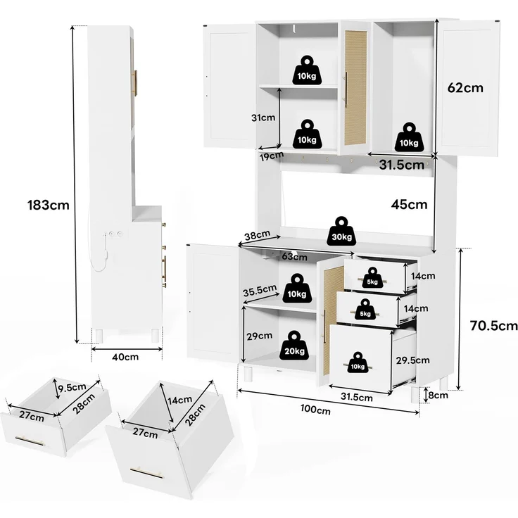 183cm Küchenanrichte, Buffet, App-gesteuerte LED-Deko-Lichter, 2 x USB, 2 x Steckdosen, verstellbare Einlegeböden, 3 Schubladen, goldene Metallgriffe, ideal für Küchen und Esszimmer. – Bild 6