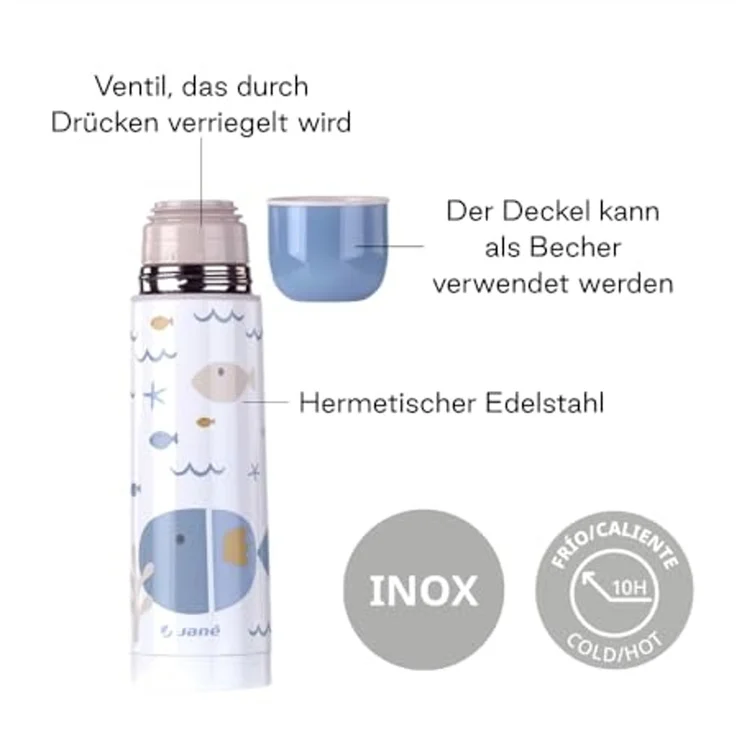 Jané Thermoskanne, 50 cl, breite Öffnung, Edelstahl, bis zu 10 Stunden, Becher, Blau – Bild 4