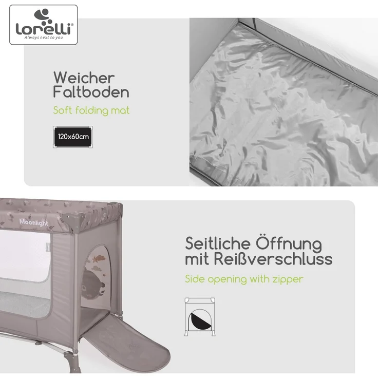 Lorelli Baby Reisebett Laufstall Moonlight seitliche Öffnung Tragetasche faltbar braun – Bild 3