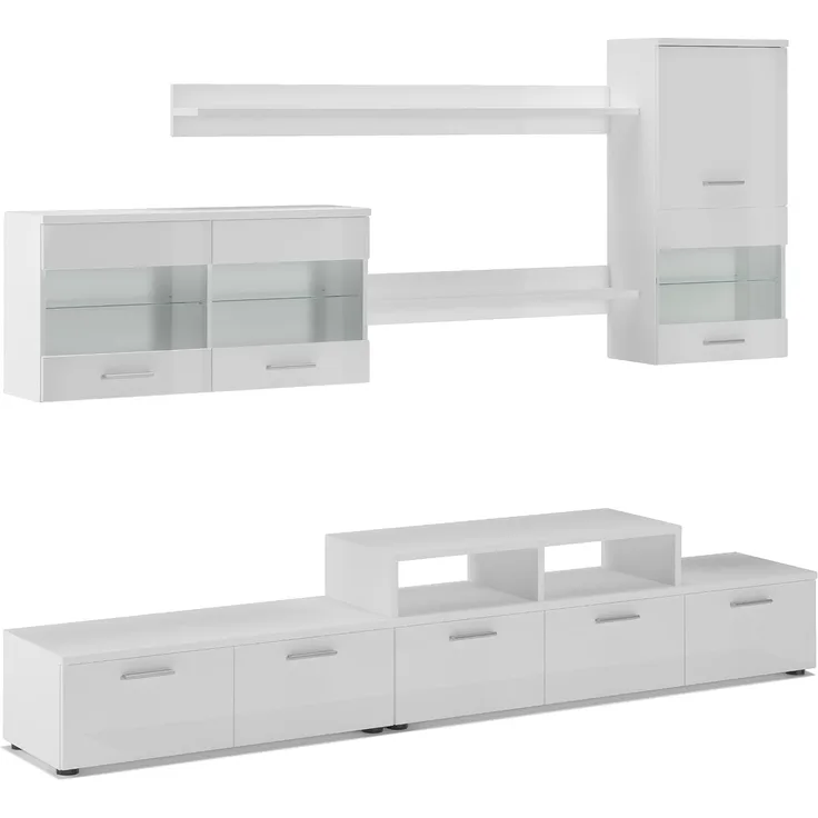 Skraut Home – Wohnzimmermöbel – 194 x 250 x 42 cm – LED-Beleuchtungssystem – Alfa II-Modell – große Speicherkapazität – moderner Stil – weißes Finish