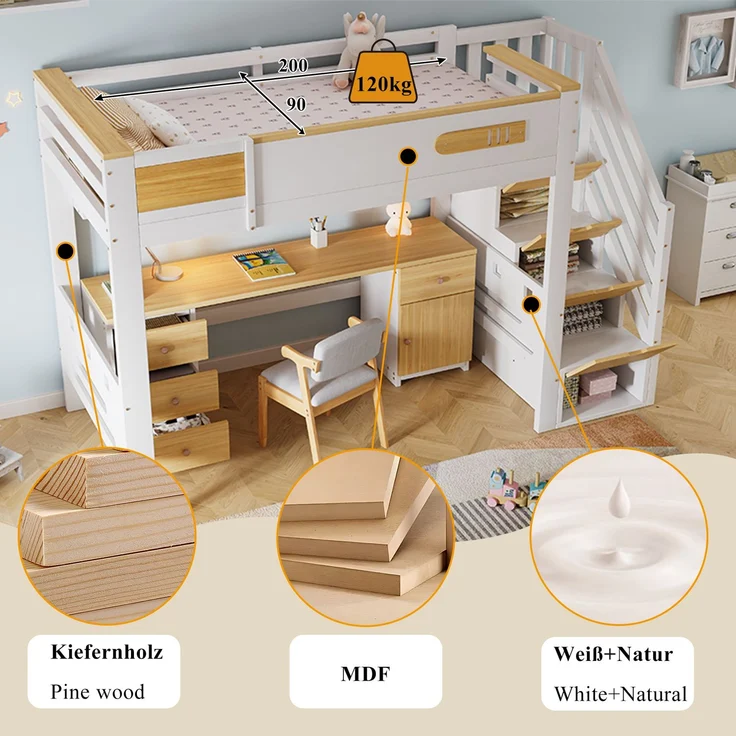 TavilaEcon Hochbett Holzbett mit Schreibtisch, Schubladen, Stauraumtreppe und Hängeregal weiß Liegefläche 90 × 200 cm – Bild 8