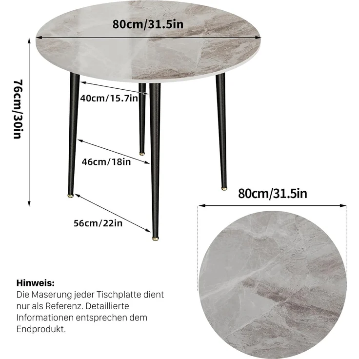 FATIVO Esstisch Runder Esszimmertisch Kchentisch aus Sinterstein Esszimmer 80x80x76 cm Grau – Bild 2