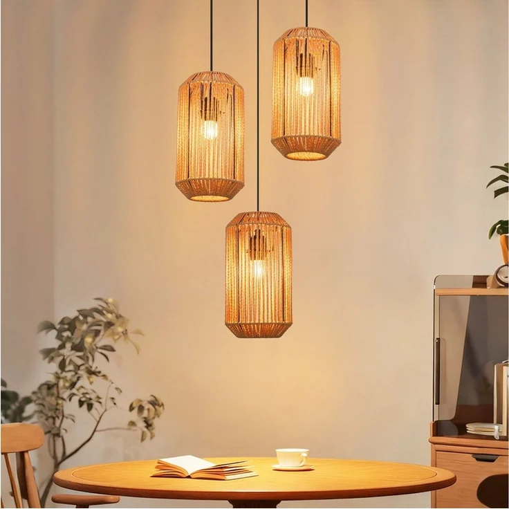 Nettlife Pendelleuchte Rattan Hängeleuchte 3 flammig Boho E27 für Esszimmer Wohnzimmer, Ohne Leuchtmittel, für Esstisch Esszimmer Schlafzimmer Wohnzimmer – Bild 4