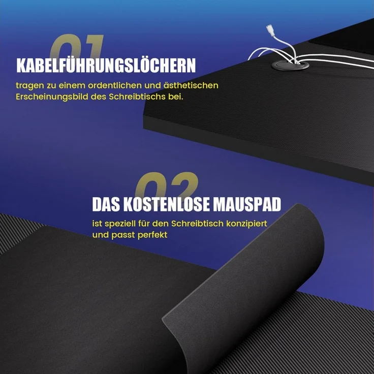 GTPLAYER Gamingtisch 120×60 Gaming Tisch mit Mauspad PC Tisch Kohlefaseroberfläche, Stabiler Computertisch mit Kopfhörerhaken, Schwarz – Bild 4