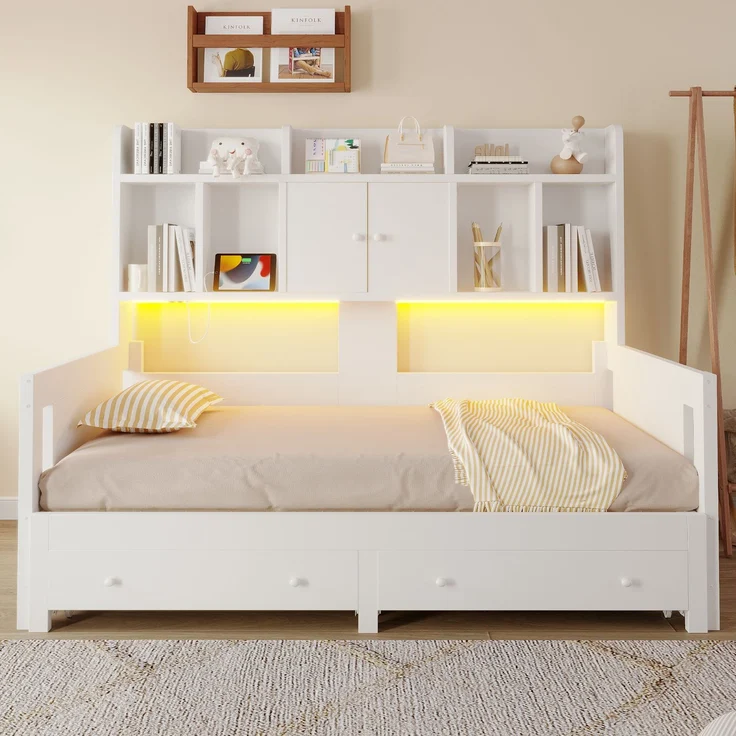Multifunktionales Ausziehbares Schlafsofa Aus Holz Mit Schubladen, Ablageflächen, Schränken und offenen Fächern, Ausgestattet Mit Steckdosen und LED-Beleuchtung, Gästebett, Weiß – Bild 2