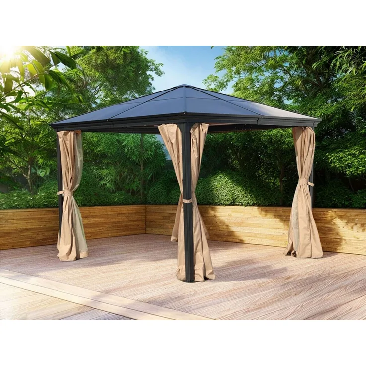 Premium Pavillon Pergola 3x3 m braun Aluminium mit festem Dach Gartenpavillon