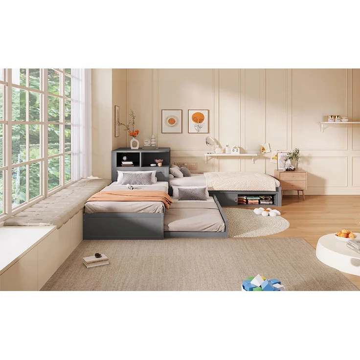 ZUBALIYA Holzbett 90 x 200 cm – Ausziehbett, Stauraum mit Schiebetüren, LED-Beleuchtung, MDF, Kiefer, Grau – Bild 7