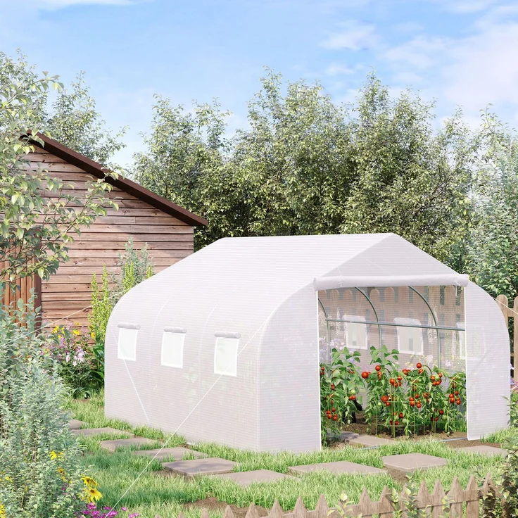 Wohnora-Gartentunnel-Gewächshaus 13,35 m² (Abmessungen 4,5 m x 3 m x 2 m) Tür + 6 Rollfenster Verzinkter Stahl Hochdichte PE-Plane Weiß,H 2050cm x T 1550cm x B 2990cm – Bild 1