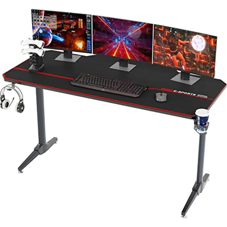 SogesHome Gaming Tisch 140cm Gaming Schreibtisch Computertisch in T-Form Gaming Table PC Tisch Schreibtisch mit Mausunterlage, Getränkehalter und Kopfhörerhaken,Bürotisch Ergonomischer Gamer Tisch – Bild 2