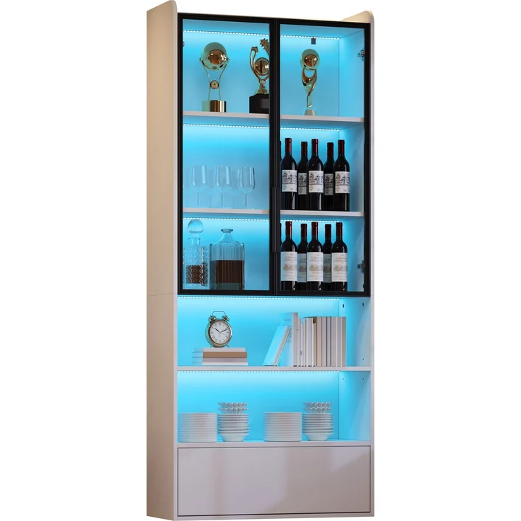 DESVIAE Vitrine mit LED-Beleuchtung und Schublade, MDF und Glas, Weiß, 80x180x34 cm – Bild 7