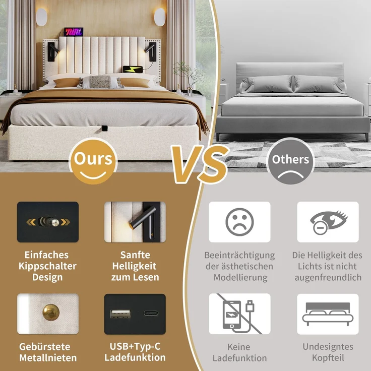 TavilaEcon Boxspringbett mit verstellbarem Kopfteil, Polsterbett Beige Liegefläche 160 × 200 cm – Bild 9