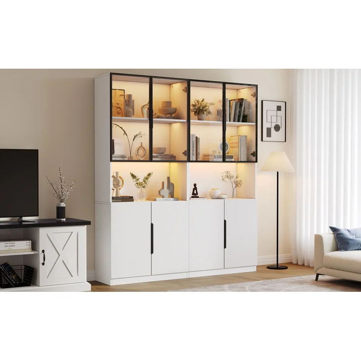 ZUBALIYA Vitrine (30 x 160 x 200 cm), LED - Beleuchtung, Verstellbare Einlegeböden, Stauraum für Wohnzimmer und Esszimmer, Weiß – Bild 10