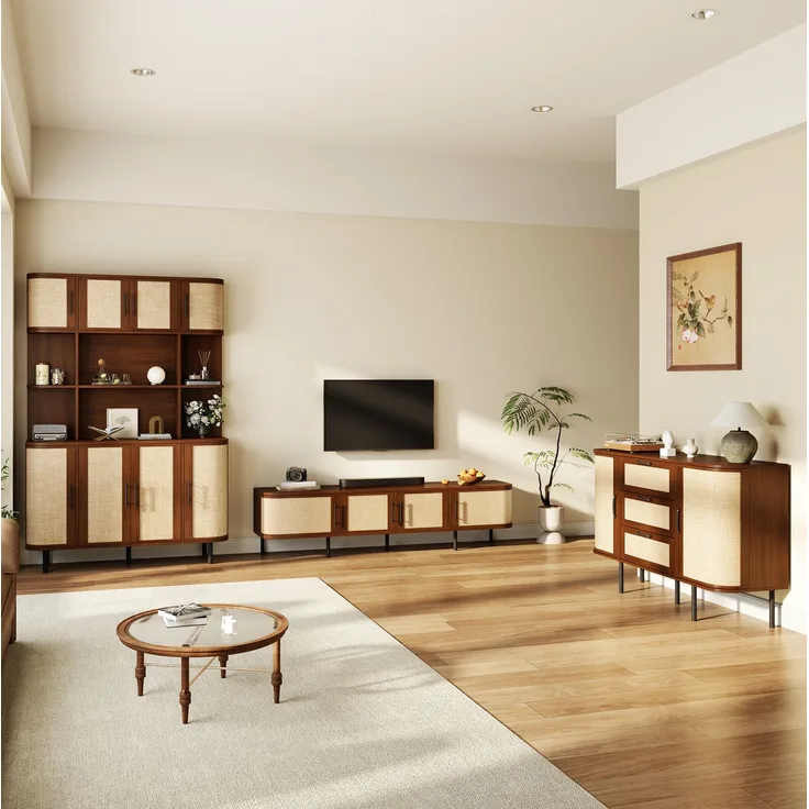 DESVIAE Sideboard-Möbel-Set Nussbaum aus MDF – 120x40x82 cm – Geflechtfronten, Metallfüße