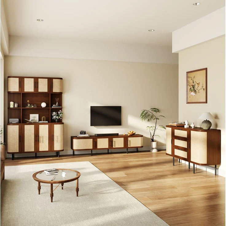 DESVIAE Sideboard-Möbel-Set Nussbaum aus MDF – 120x40x82 cm – Geflechtfronten, Metallfüße – Bild 1