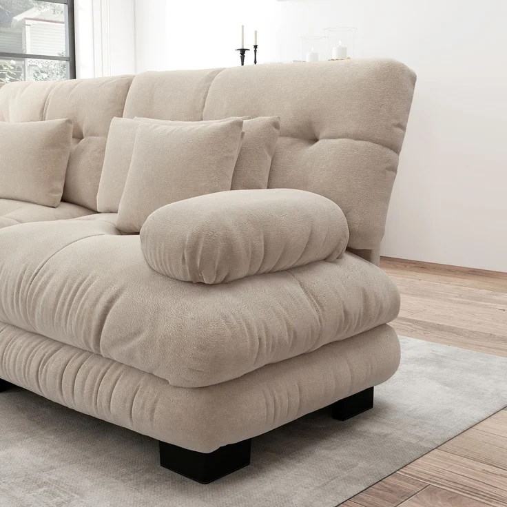 Modulares Sofa aus Chenille 313x145x81 cm mit runden Armlehnen und Ottomane, beige – Bild 10