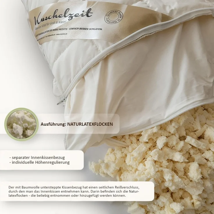 Meivita Kopfkissen Kopfkissen mit Naturlatexflocken und kbA Baumwollbezug, Füllung: 100% Latex (Naturlatexflocken), Bezug: 100% Baumwolle, Seitenschläfer, Rückenschläfer, Bauchschläfer, Kissen Hergestellt in Deutschland – Bild 6