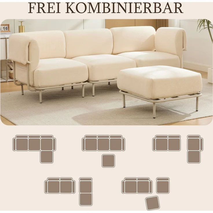Modulares Ecksofa mit Hocker, Chenille, flexible L-Form, 251x155x78 cm, Beige – Bild 6