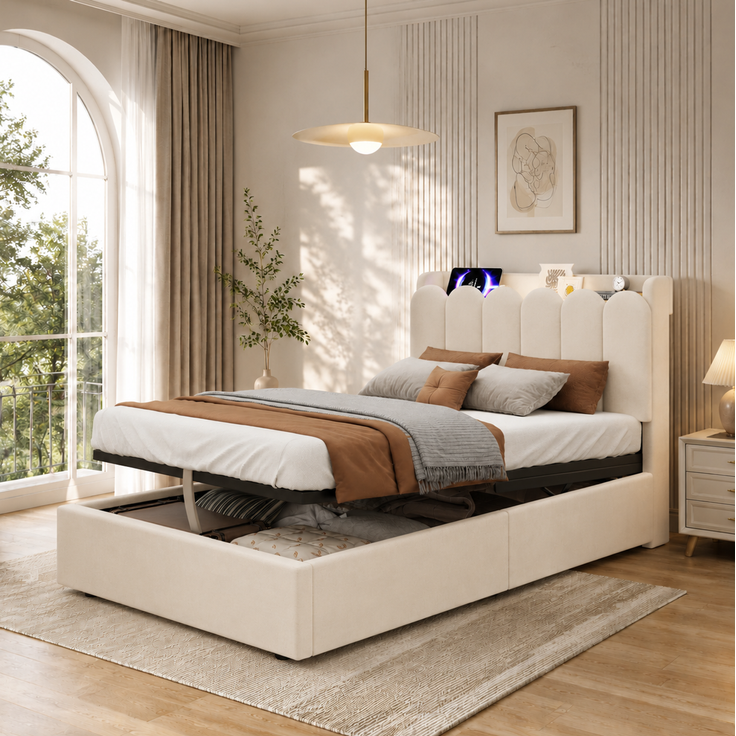 CHICFURN Polsterbett aus Samt, Beige, 90x200 cm, mit Stauraum und USB- und Type-C-Anschlüssen, mit Lattenrost – Bild 3