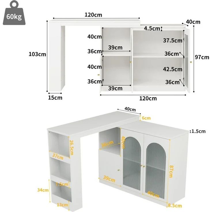 BBWL Barschrank Um 360° drehbarer Bartisch 120x40x97 cm aus MDF (moderner Ess- und Barschrank mit Glastüren, vielseitiger Aufbewahrungsschrank für Küche, Wohnzimmer & Esszimmer) – Bild 3