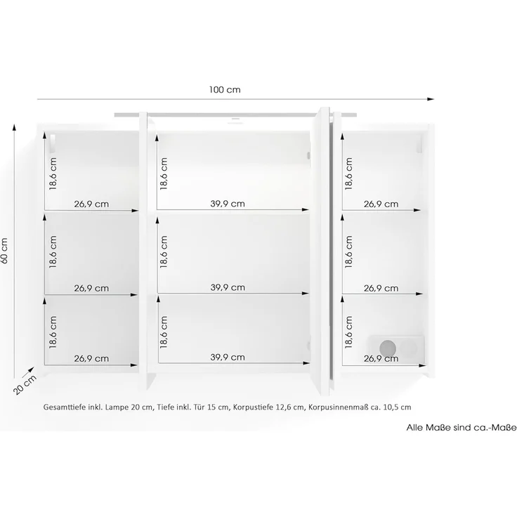 byLIVING Spiegelschrank Spree/Korpus matt mit Spiegeltüren/Hängeschrank mit Soft-Close-Funktion/Inklusive LED-Beleuchtung/Badschrank mit Stecker- und Schalterdose/B 100, H 60, T 20 cm (Anthrazit) – Bild 3