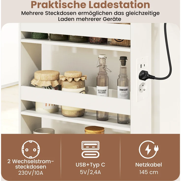 13 cm schlanker Aufbewahrungswagen mit Ladestation 4-stufiger rollbarer Küchenwagen mit Griff Natur + Weiß – Bild 3