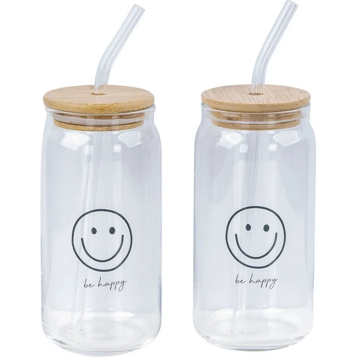 Levandeo® Glas, 2er Set Glas Deckel Strohhalm 500ml Be Happy Smiley Bambusholz – Bild 2