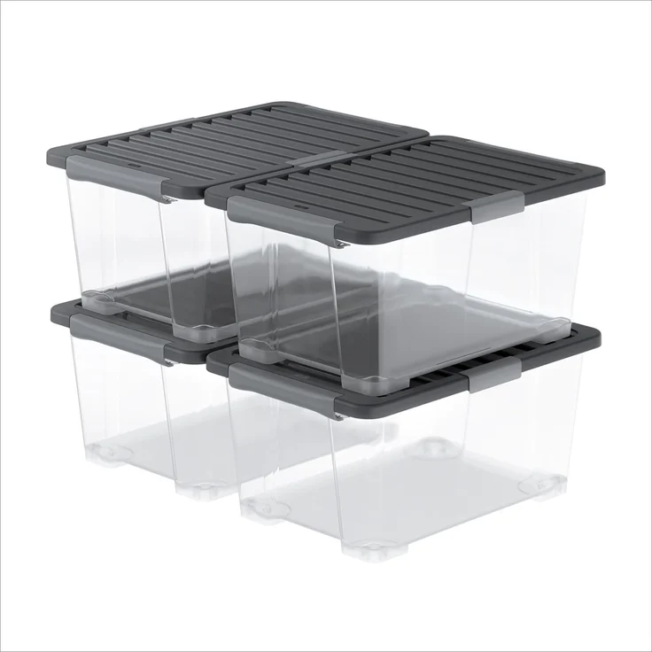 Rotho Core Pro 4er-Set Aufbewahrungsbox mit Deckel 44 L stapelbar Anthrazit | Aufbewahrungsboxen, luftdicht verschließbar durch Dichtung, transparent, mit QR-Code-Stickern für klare Beschriftung