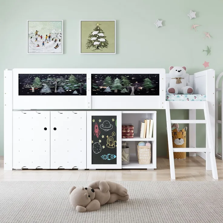 Merax Hochbett, 90x200cm Kinderbett, mit doppeltürigen Stauschränken und einer Tafel zum Malen, Zweistufige Schrägleiter, Sicherheitsgeländer, Weiß
