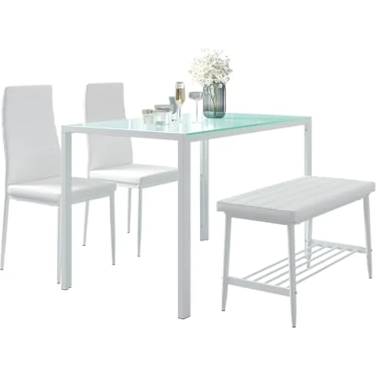 Vicco Esstisch-Set Grand, Rechteckig, 120x75x70 cm, Weiß, Metall, 4-teilig mit Tisch, Bank und 2 Stühlen, Esszimmermöbel – Bild 7