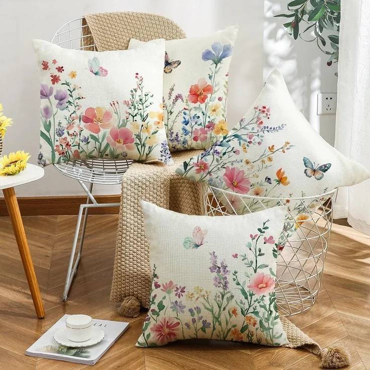 Kissenbezüge 45×45 cm 4er-Set Blumen & Schmetterling, Frühling/Sommer Farmhouse Sofa – Bild 7