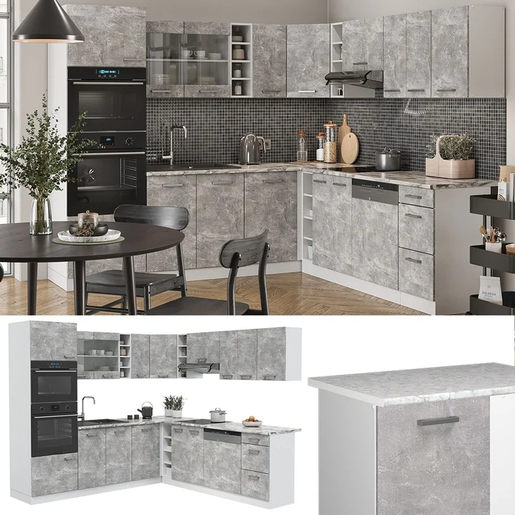 Eckküche R-Line Beton/Weiß 247 x 237 cm ohne Arbeitsplatte Vicco – Bild 2