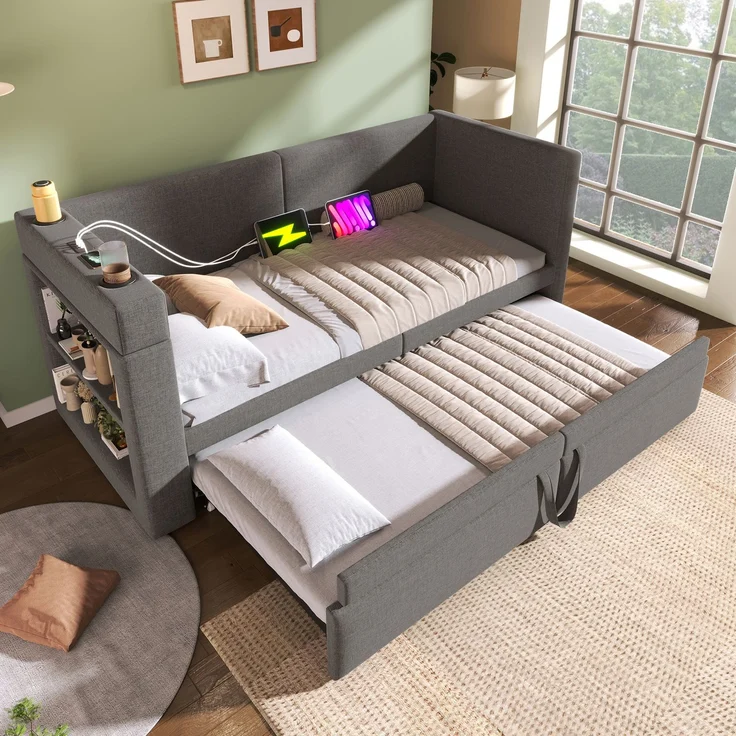 Schlafsofa 90x200 cm Ausziehbett mit Armlehne, USB/Typ-C Ladebereich, Getränkehalter & Stauraum – Bild 6